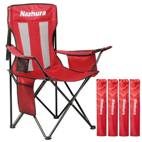 Nazhura 4 Pack Outdoor Camping Chairs Folding/Foldable/Portable with Cooler Pouch, Mesh Backrest and Cup Holder Pocket(Grey) (Grey, 4 Pack)