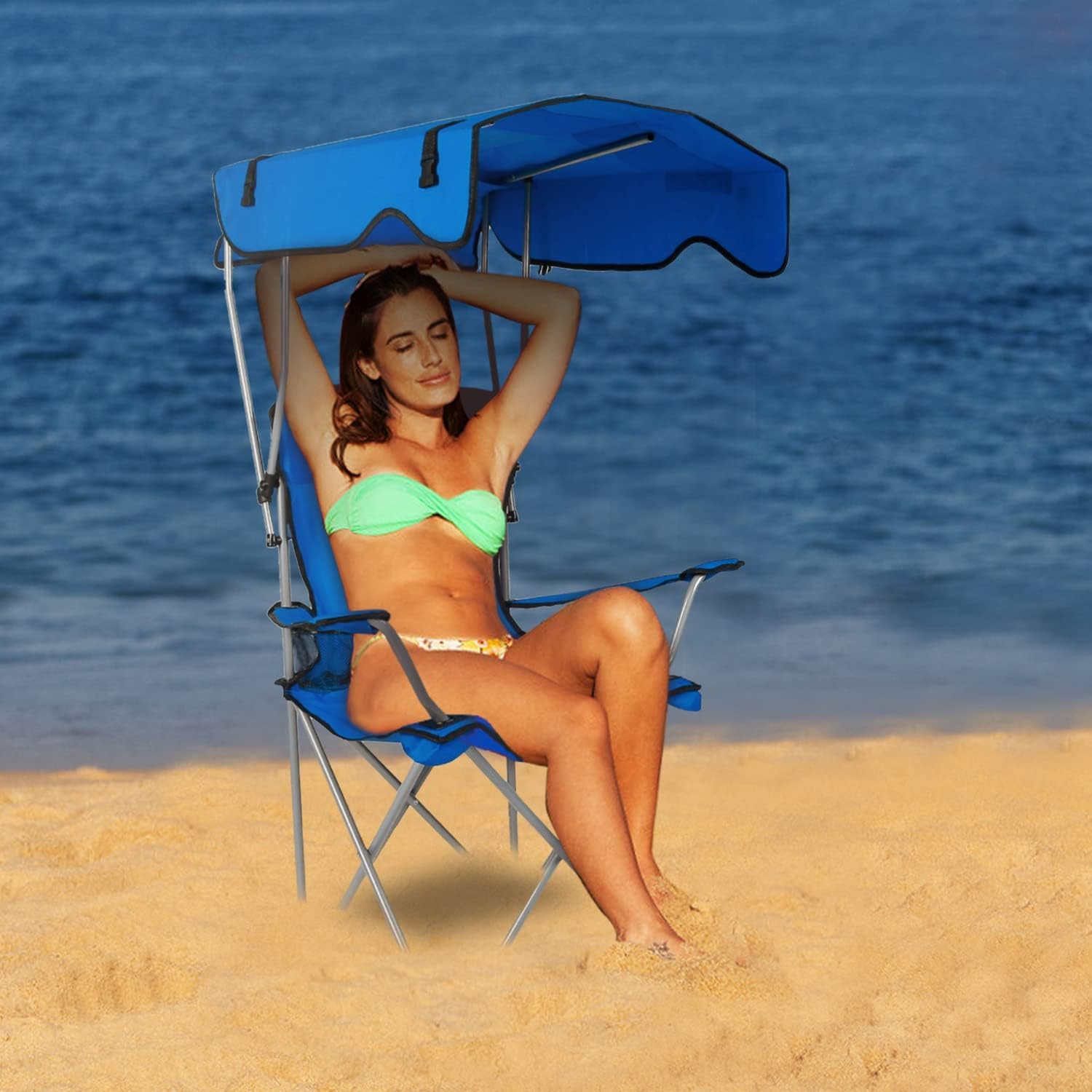 Camp Chair with Shade Canopy, Heavy Duty Max Shade Folding Camping Lawn Chair with Cup Holder, UPF 50+ Sun Protection Portable Beach Lounge Chair for Outdoor Sports Support 330 LBS(Blue)