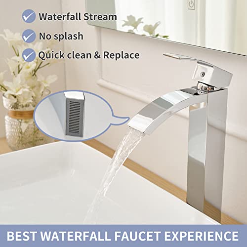 Brushed Nickel Vessel Sink Faucet, Waterfall Bathroom Faucets, Tall Spout Single Handle Single Hole Bathroom Faucets with Pop Up Drain and Without Overflow Basin Faucet Supply Line