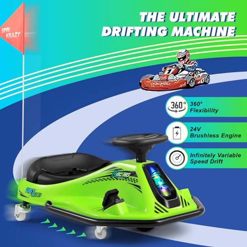 360 Degrees Rotating Ride On Drift Car, 24V Electric Drifting Go Kart for Kids W/Replacement Wheels, High/Low Speed, 24V Brushless Motor, Flashing Lights, Flag, Music,Bluetooth,Green