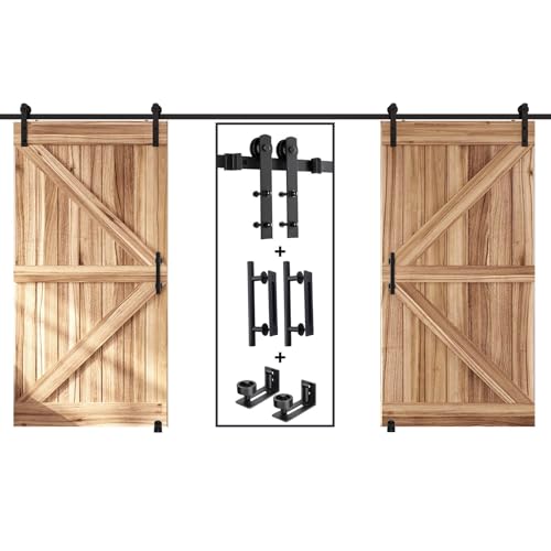 EaseLife 12 FT Double Sliding Barn Door Track and Handle Hardware Kit,Straight Pulley,Slide Smoothly Quietly,Easy Install (12FT Track Kit for 33