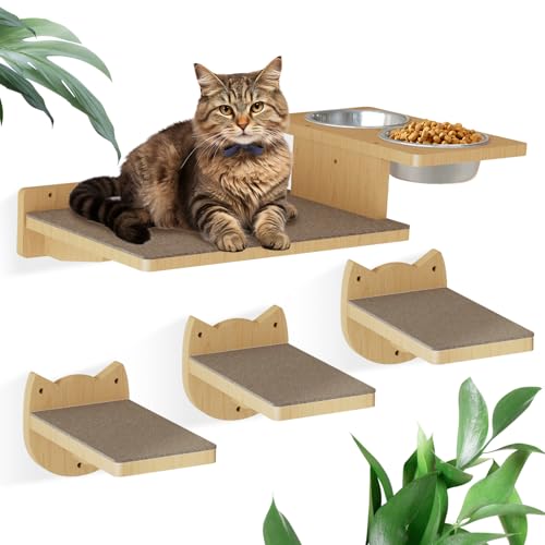 MeowHomm Cat Wall Shelves, Wood Wall Furniture with 3 Steps, Cat Feeding Shelf with 2 Food Bowls, Wooden Bed Furniture Wall Mounted