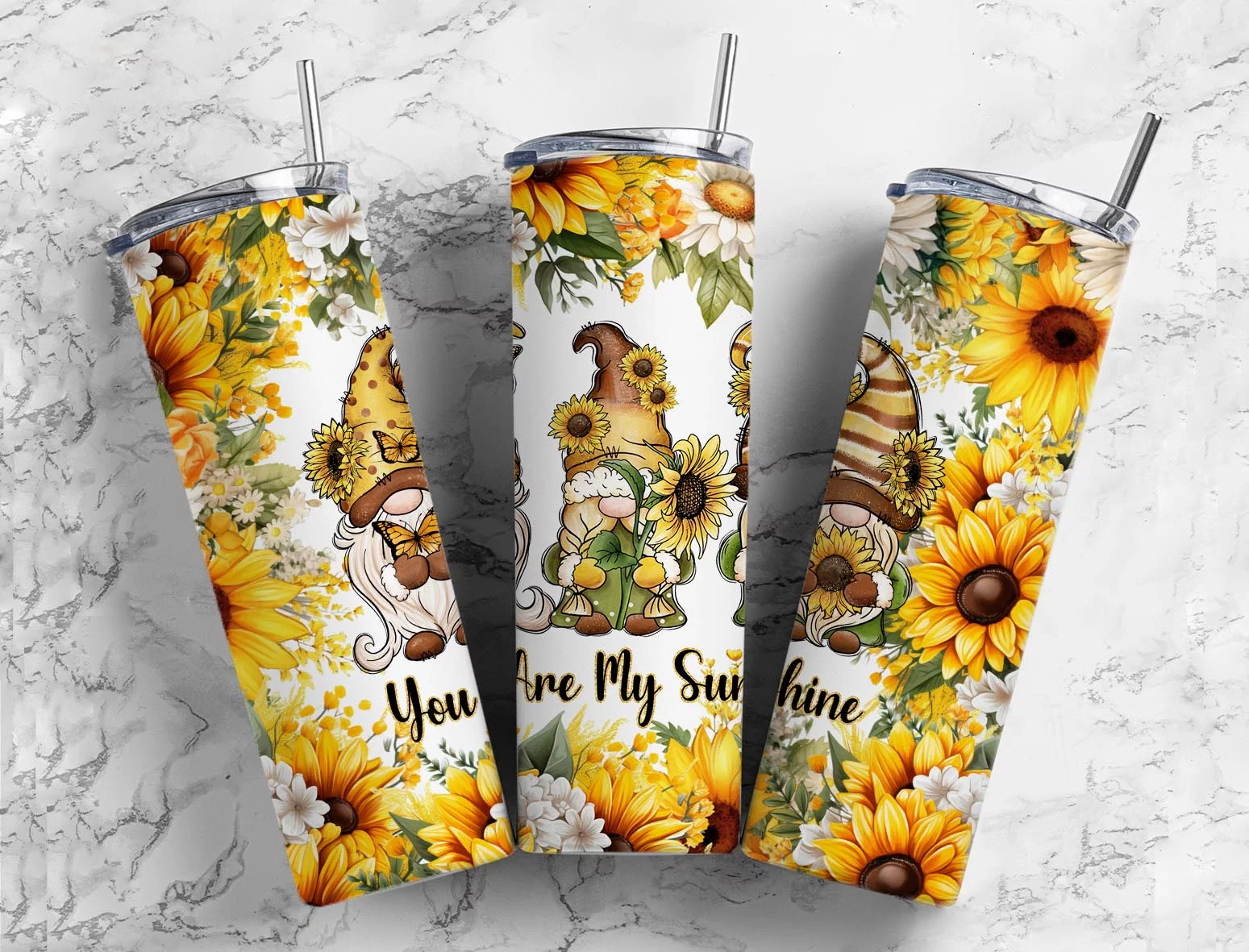 You are My Sunshine Sunflower Gnomes Country 20 Oz Metal Tumbler w/Lid and Straw