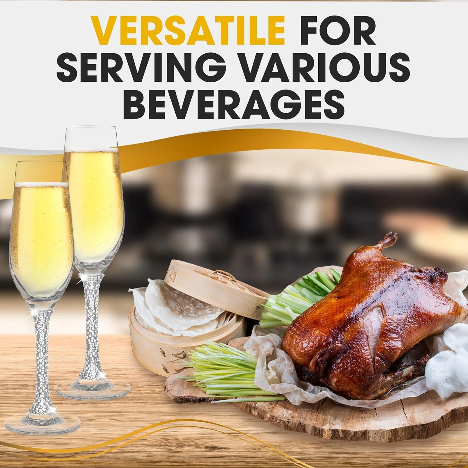 Premium Champagne Flutes - Crystal Champagne Glasses With Silver Rhinestone Embellished Stem - 8Oz Each (Set Of 6)