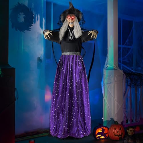 JOYIN 47” Animated Witch Halloween Decorations Outdoor Indoor, Scary Halloween Animatronics Decor, Hanging Ghost Talking Sound Activated Led Lights Eyes Haunted House Yard Garden Lawn
