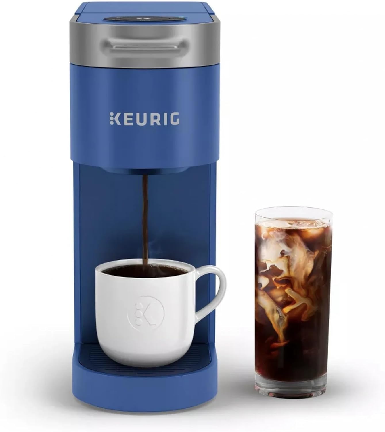 KeurigK K-Slim + ICED Single-Serve Coffee Maker, Blue, Brews Hot and Iced Coffee, Compatible with KCup Pods, Includes Iced Refreshers Strawberry Acai Flavor Pods, 3 Cup Sizes, Auto Shut Off