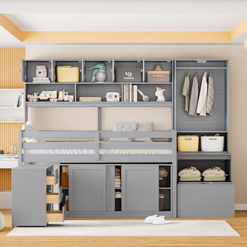 Harper & Bright Designs Full Size Loft Bed with Wardrobe, Wooden Full Loft Bed Frame Big Storage with Under-Bed Desk, Drawers and Shelves, Gray