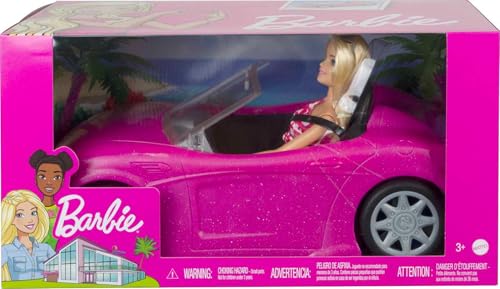 Barbie Playset with Sparkly Pink 2-Seater Toy Convertible Car Featuring Glam Details & Fashion Doll in Sundress & Sunglasses