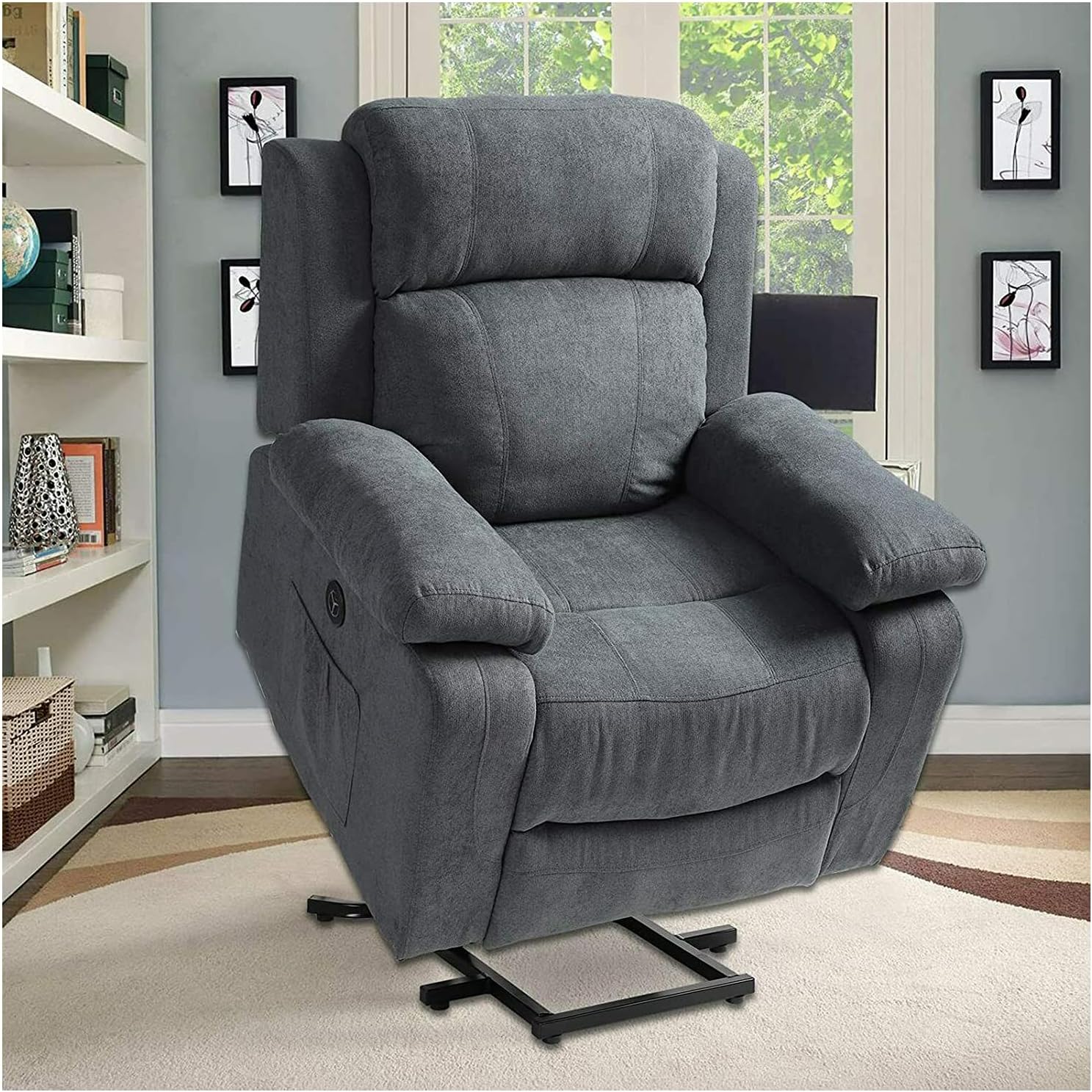 New Grey Linen Fabric Auto Electric Power Lift Massage Vibration Recliner Oversized USB Chair w/Remote Control Sofa Heat Elderly Armchair Foam Sponge Metal 35.43”W x 29.53”D x 40.94”H
