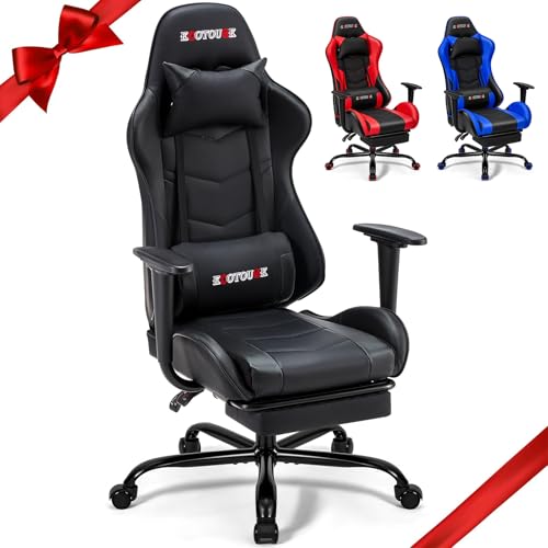 ECOTOUGE PC Massage Gaming Chair with Footrest Ergonomic Office Desk Chair Racing PU Leather Recliner Swivel Rocker with Headrest and Lumbar Pillow, Blue
