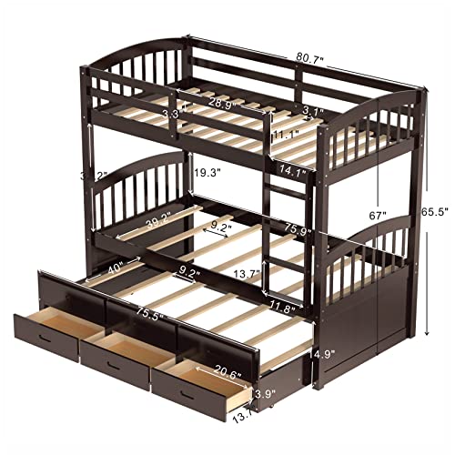 Harper & Bright Designs Twin Over Twin Bunk Bed with Trundle and Storage Drawers Wood Bunk Beds Frame for Kids Girls Boys Teens, Espresso