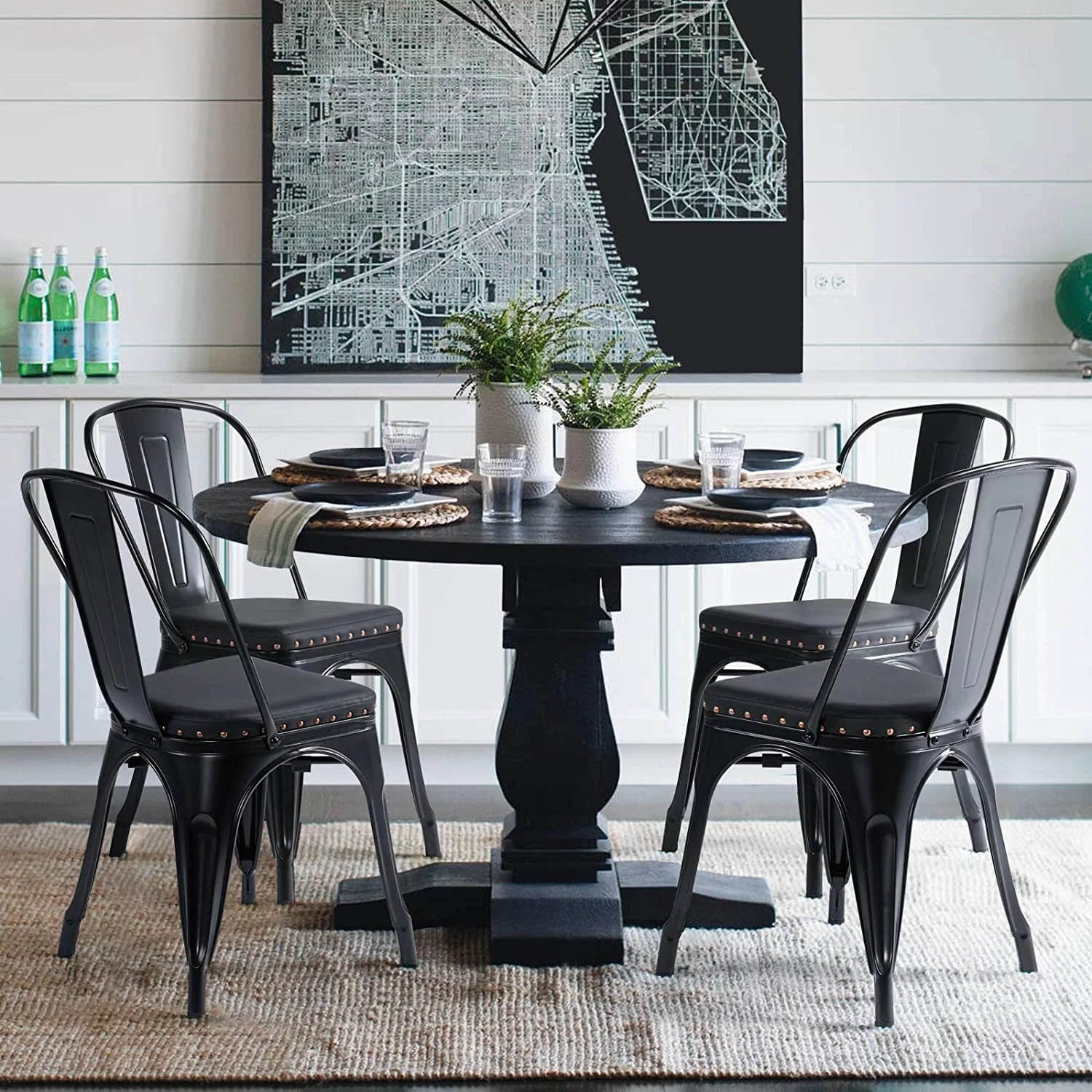 4pcs Metal Dining Chairs with PU Leather Seat High Back Soft Cushioned Industrial Classic Iron Chairs Chic Dining Bistro Cafe Coffee Chair 18 Inch Black