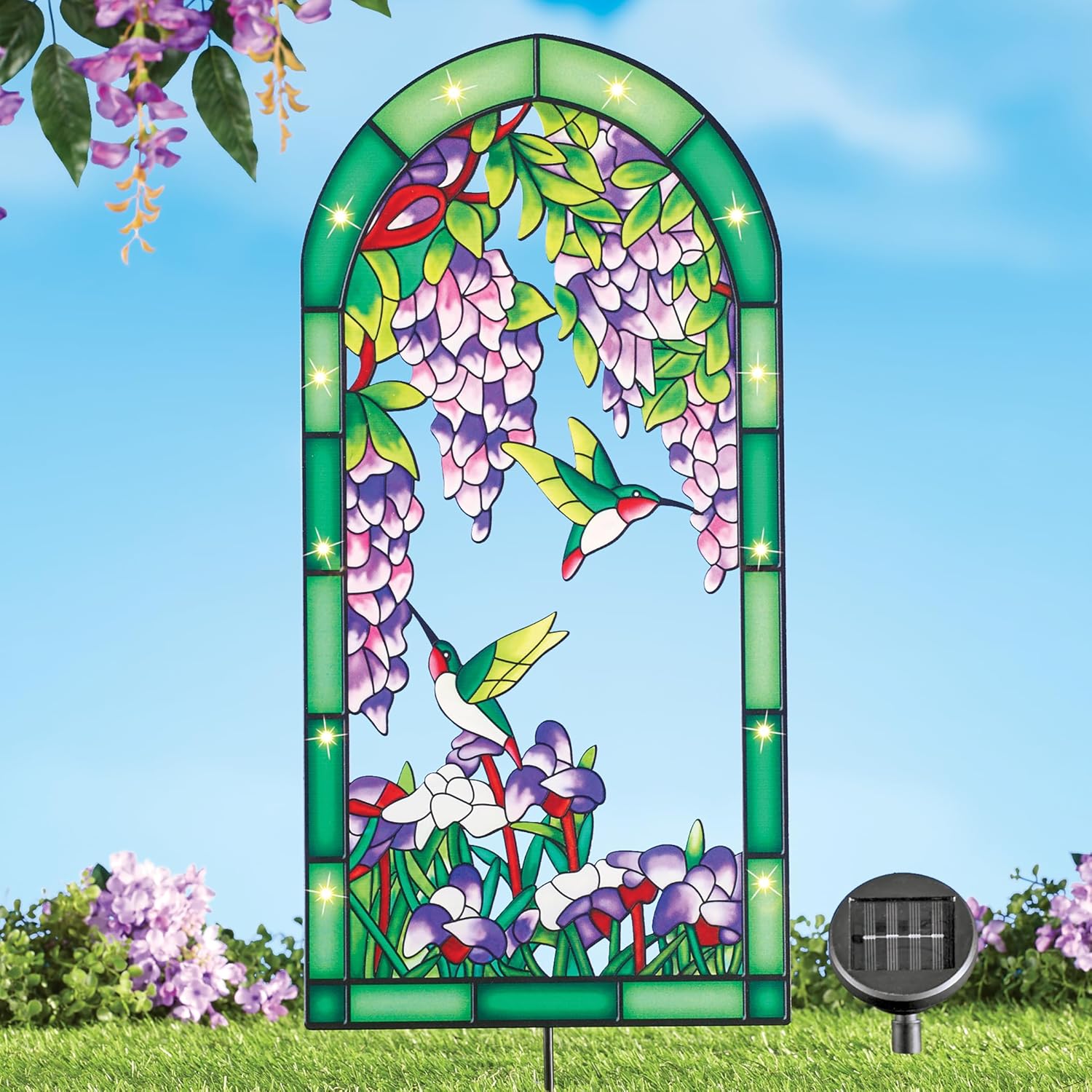 Collections Etc Solar Lighted Stained Glass Look Hummingbird & Wisteria Yard Stake
