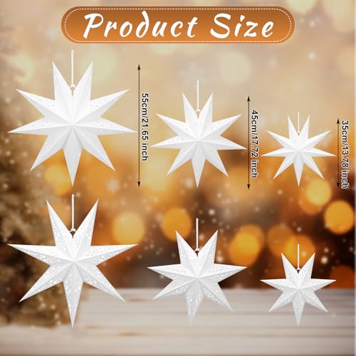 Ganeen 6 Pcs Christmas Paper Star Lanterns Lampshade, 7 9 Pointed Star Lamp Hanging Ornament Decorations with LED Light for Xmas New Year Party Indoor Outdoor Decorations, 3 Size, Includes Rope