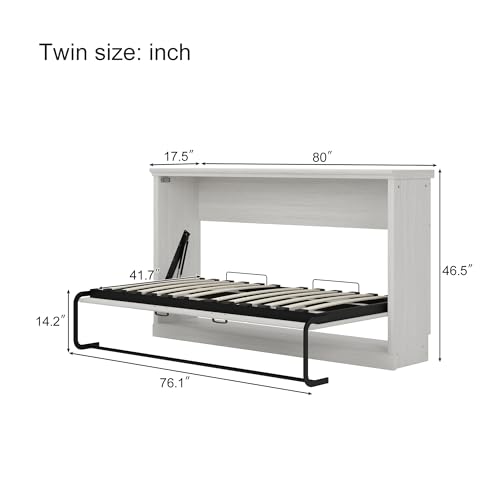 SOFTSEA Twin Size Murphy Bed with 2 Side Cabinet Storage Shelf, Horizontal Murphy Bed with Bookcase, Wood Wall Bed Foldable Platform Bed Space-Saving for Guest Room, Bedroom, Home Office, White