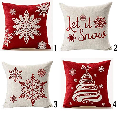 Andreannie Set of 4 Throw Pillow Cover Christmas Beige Shadow Let It Snow Snowflakes Red Cotton Linen Throw Pillow Case Cushion Cover for Sofa Bed Couch Home Decor Square 18 X 18 Inches(Blood Red)