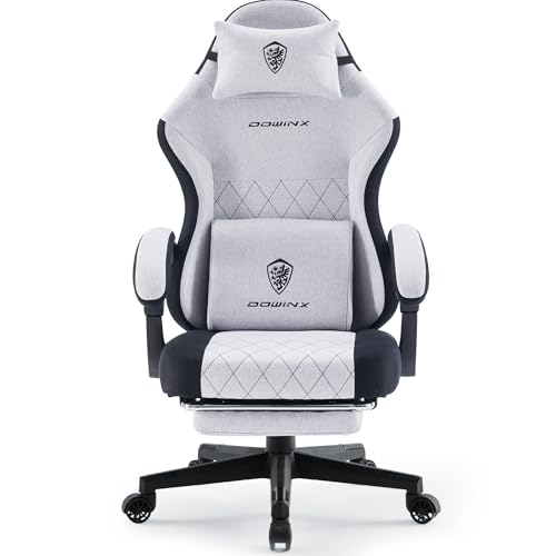 Dowinx Gaming Chair Fabric with Pocket Spring Cushion, High Back Ergonomic Computer Chair with Footrest for Adults, Massage Lumbar Support Swivel Game Chair for Office Gaming 300LBS, Beige