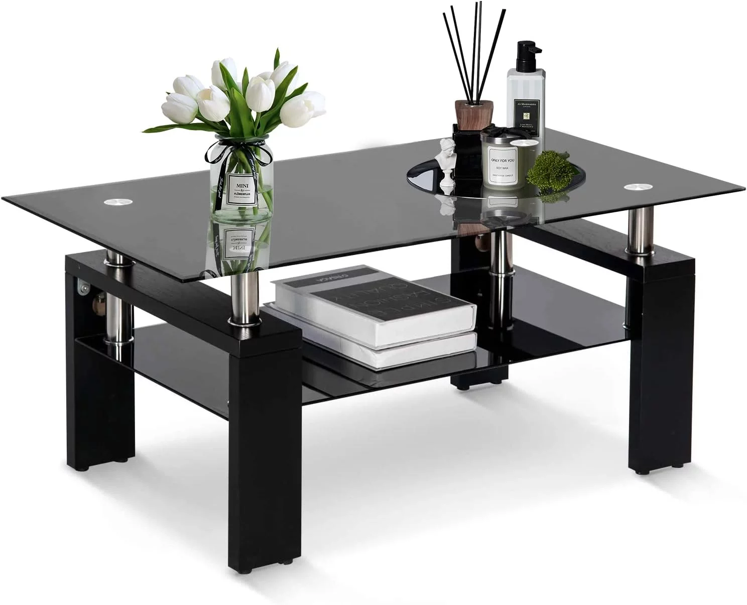 T2 Black Rectangle Glass Coffee Table, Modern Side Coffee Table With Shelf,Wooden Legs And Glass Desktop, Perfect Suit For Home Living Room, Office, Store Or Bed Room.