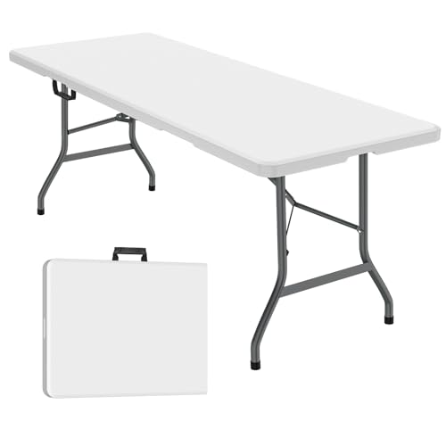 4 ft Portable Folding Table, Idustrial Heavy-Duty Foldable Table with Carrying Handle, Locks, Stright Legs for Indoor & Outdoor Party, Barbeque, Camping, Board Games - White