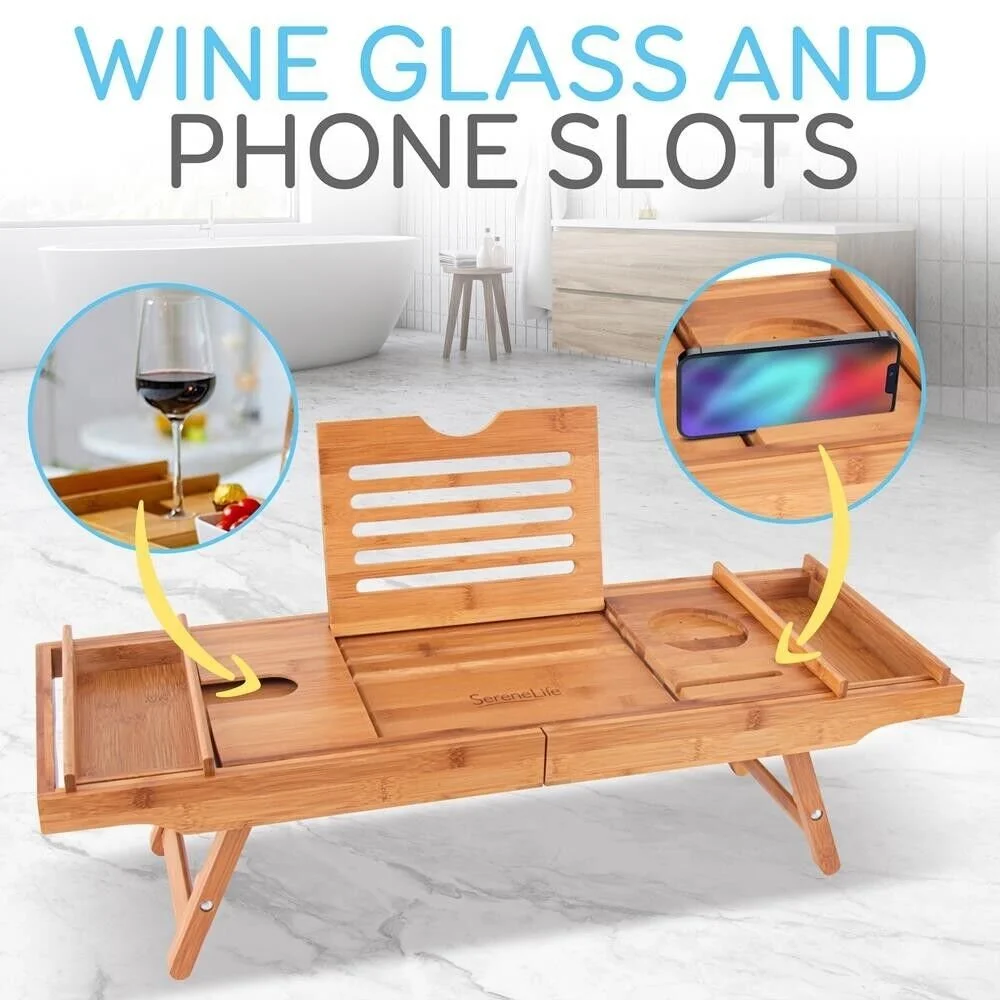 Natural Bamboo Bathtub Caddy - Shower Tub Caddy Tray with Adjustable Length