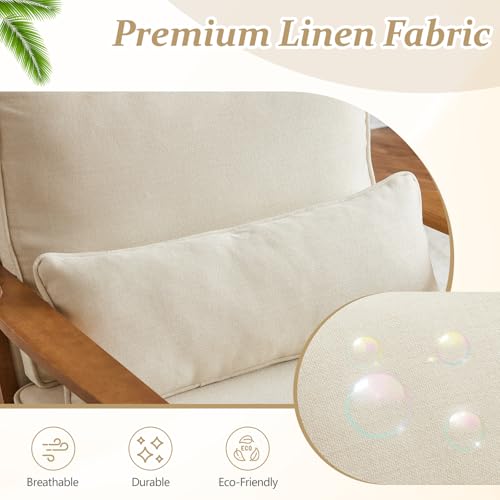 VINGLI Solid Wood Wide Armrests Accent Chair,Upholstered Mid Century Modern Chair with Pillow,Comfy Reading Chair Farmhouse Arm Chair,Chairs Living Room,Bedroom,Guest Room,Linen Fabric,Beige