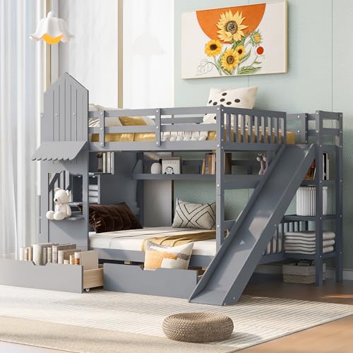 Merax Full Over Full Bunk Bed with 2 Drawers and 3 Shelves, Castle Style Solid Wood Bunk Bed Frame with Slide and Storage Staircase for Kids Teens Boys Girls, No Boxspring Required, Grey
