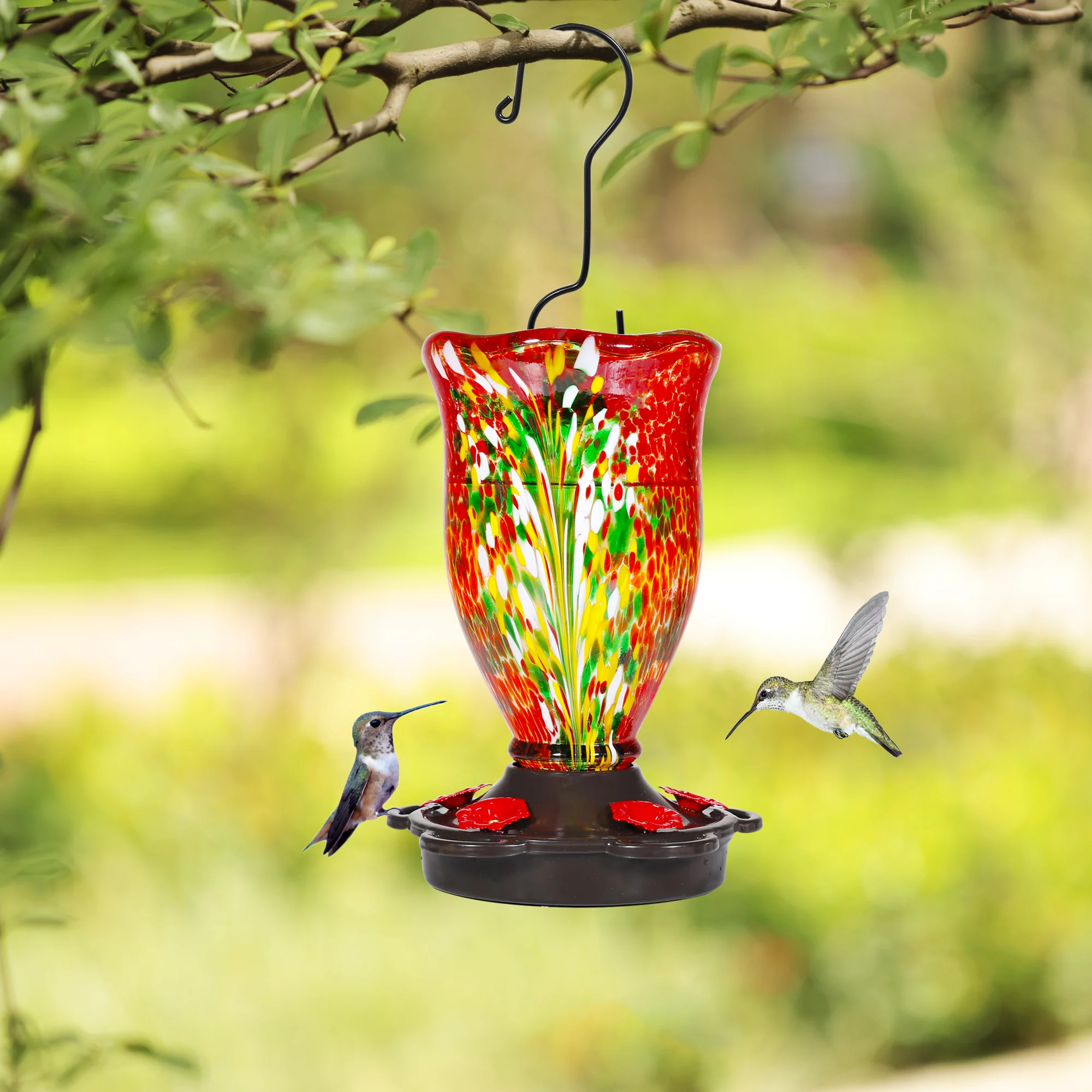 LUJII Hummingbird Feeders for Outdoors, Blown Glass Hummingbird Feeder for Outside Hanging with Ant Moat, Leak Proof & Anti Rust Metal Base, 25 oz Capacity, Gifts for Bird Lovers or Gardeners, Red