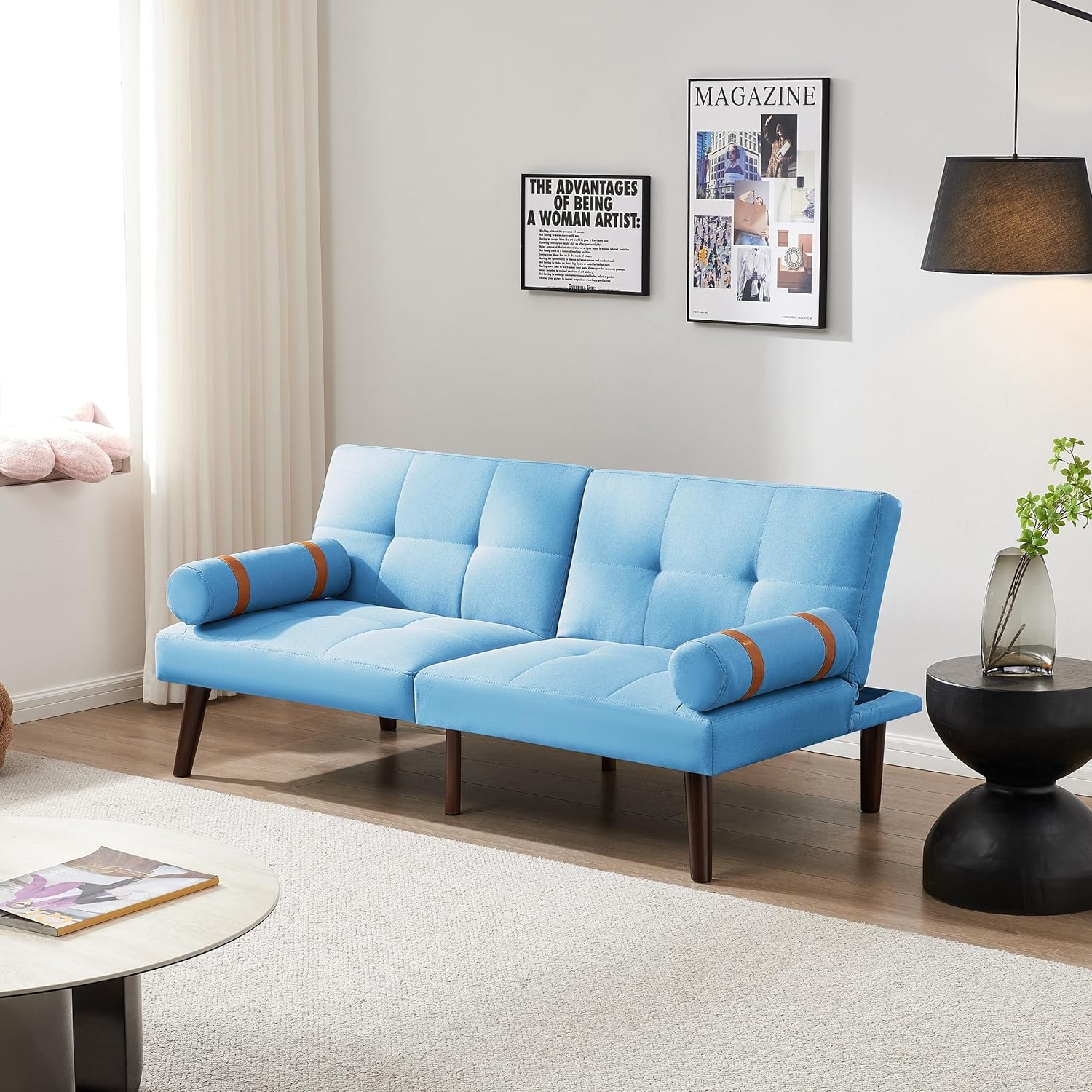 Linen Futon Sofa Loveseat Convertible Sleeper Bed with Solid Wood Legs Adjustable Backrests for Living Room Blue Lake House Modern Contemporary Fabric