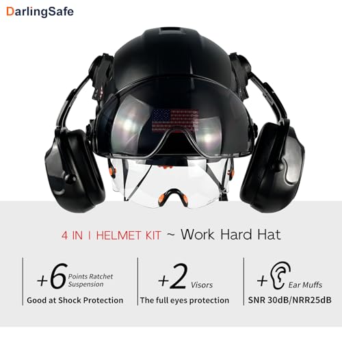 DarlingSafe Safety Helmet with Visor Ear Muffs Hard Hats Visor Workplace Head Protection ANSI Z89.1 Certificated Construction Outdoor Work Hardhats