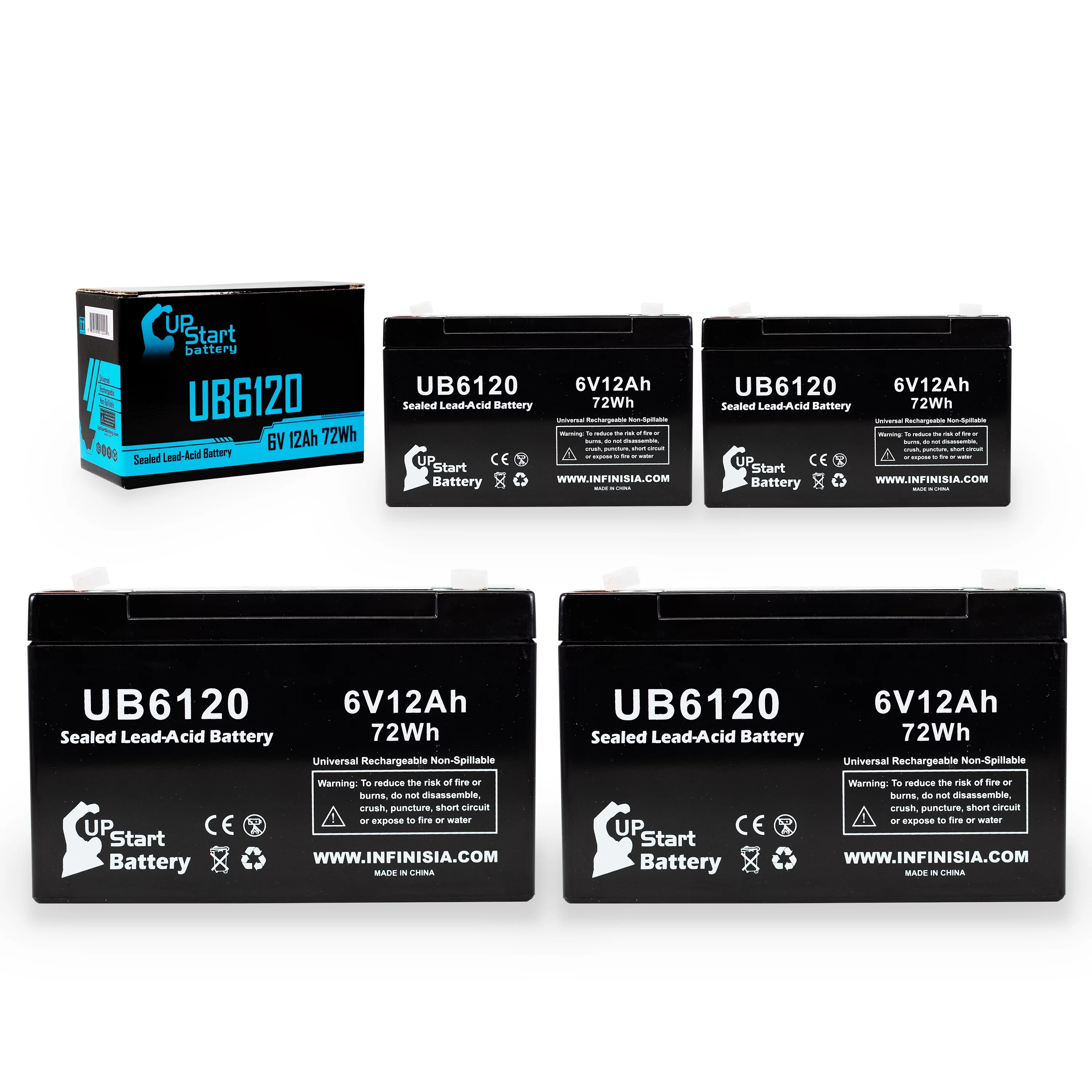 4x Pack - Compatible W. W. GRAINGER 5VC00 Battery - Replacement UB6120 Universal Sealed Lead Acid Battery (6V, 12Ah, 12000mAh, F1 Terminal, AGM, SLA) - Includes 8 F1 to F2 Terminal Adapters