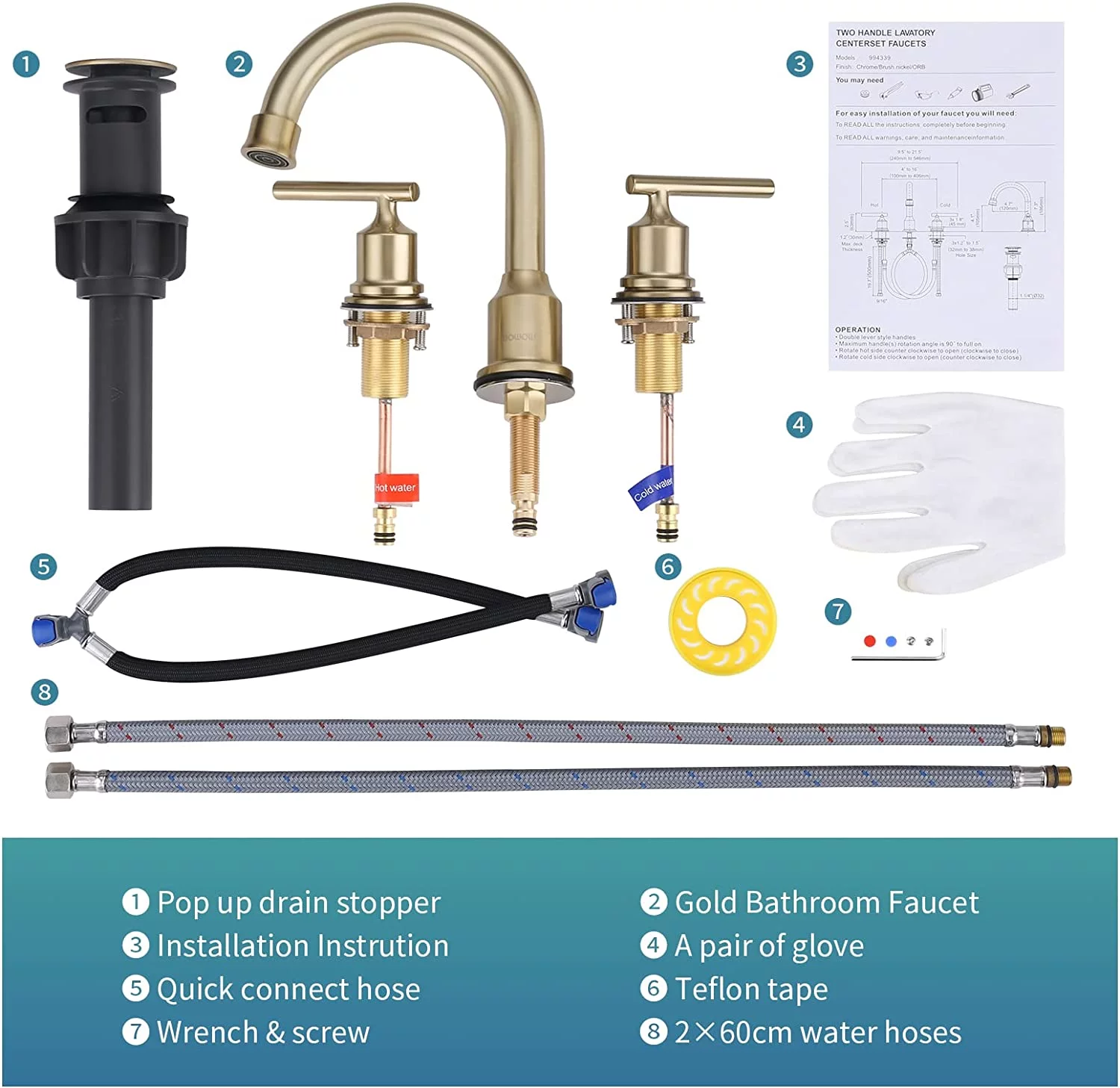 WOWOW Widespread Bathroom Faucet 3 Hole Basin Faucet Widespread 2 Handles Vanity Faucet