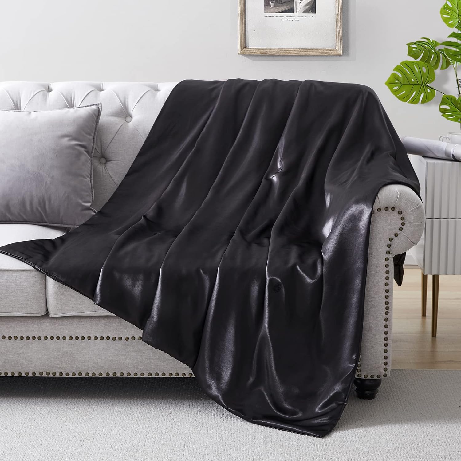Silk Throw Blanket - Black Cooling Packable Satin Blanket for Couch, Bed, Camping, Outdoor, Travel, Car - Super Soft Lightweight Cozy Blanket(90'' x 90'', Black)
