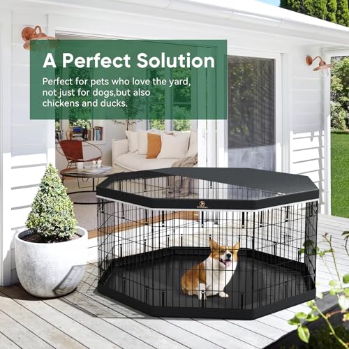 PJYuCien Dog Playpen, 8 Panels 30”H Dog Playpen Indoor with Grey Bottom Pad and Top Cover, Metal Foldable Dog Pen for Indoor Use, Better for Small Medium Animals, Grey