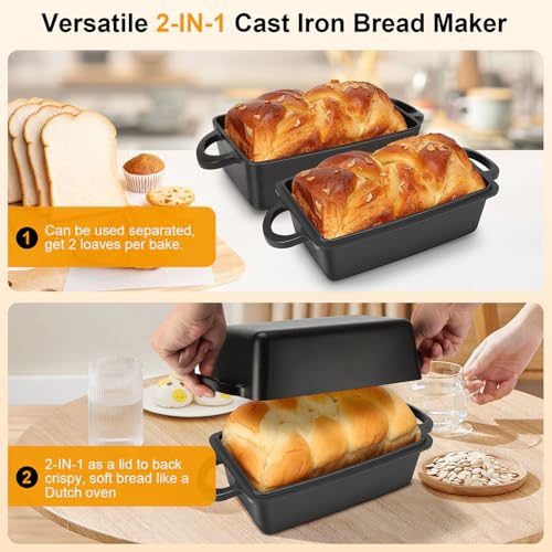 Cast Iron Loaf Pan with Lid | 9×5 Inch Bread Baking Pan | Even Heat Distribution for Perfect Homemade Bread, Cake, Meatloaf | Durable 2 Piece Set for Baking Enthusiasts Black
