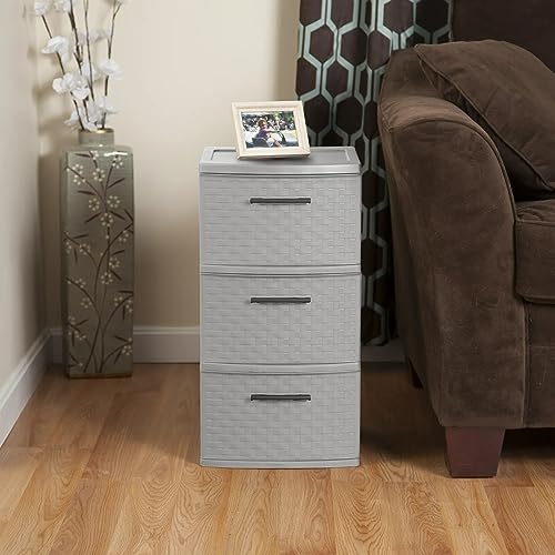 3-Drawer Wide Weave Design Storage Tower, Espresso Frame & Drawers w/Driftwood Handles, Brown, Case of 1 (Gray)