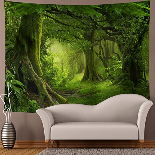 Lahasbja Misty Forest Tapestry Green Tree in Jungle Forest Tapestries Wall Hanging Nature Scenery Woodland Backdrop for Living Room Bedroom (XL/70.8