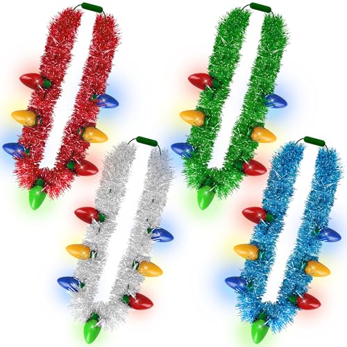 Light up Christmas Necklace, 4PCS Tinsel Christmas Necklaces Accessories, 7 Bulb Xmas Red Yellow Blue Green Silver Necklaces Party Supplies, 3 Modes Necklace Accessories for Xmas Ugly Sweater New Year