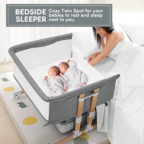 3 in 1 Baby Bassinet Bedside Sleeper, Five-Position Adjustable Bedside Crib with Storage for Newborns, Portable Bassinet with Anchor Strap (Wood Grain-Twins, Grey)