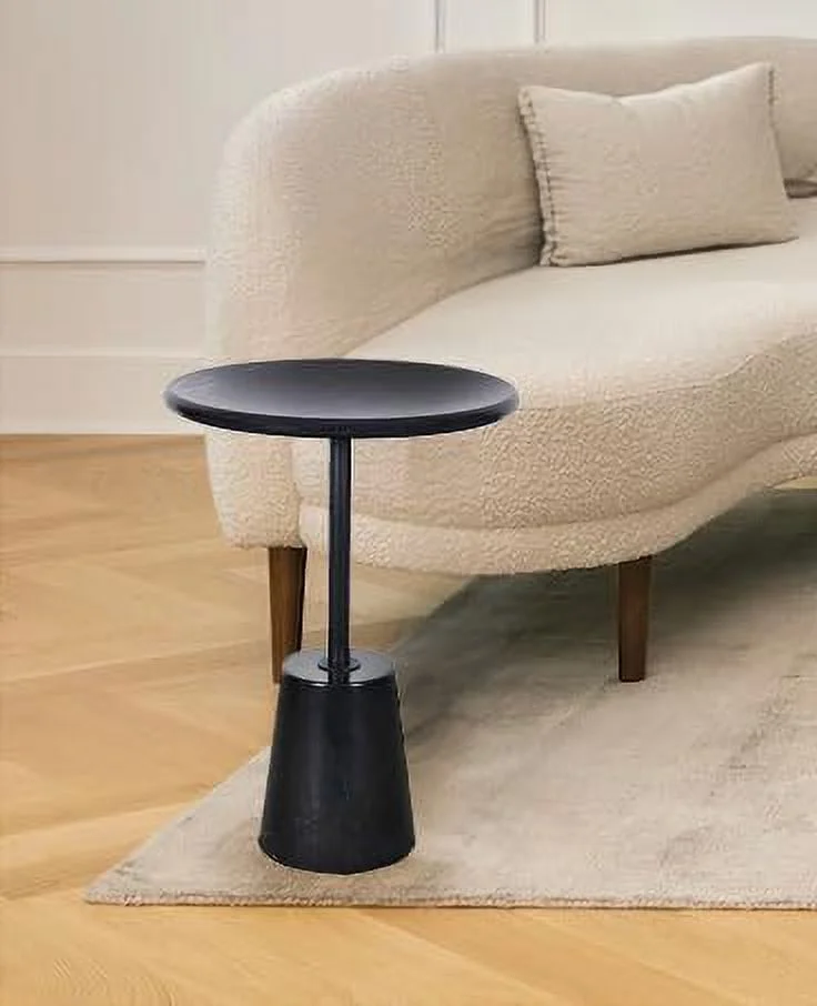 Poke Modern Black Marble Pedestal Side Table - Marble Black Accent Table - Round Black Marble End Table with Marble Pedestal Top & Black Metal Base  Round Side Table for Living Room