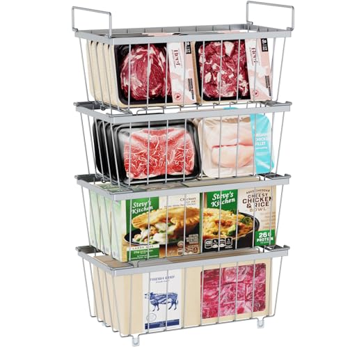 iSPECLE Deep Freezer Organizer Bins - 4 Pack Stackable Small Freezer Organizer Bins for 5 to 9 Cu.FT Small Chest Freezer Sort Frozen Food Easy to Get Food from Bottom without Digging in Freezer, White