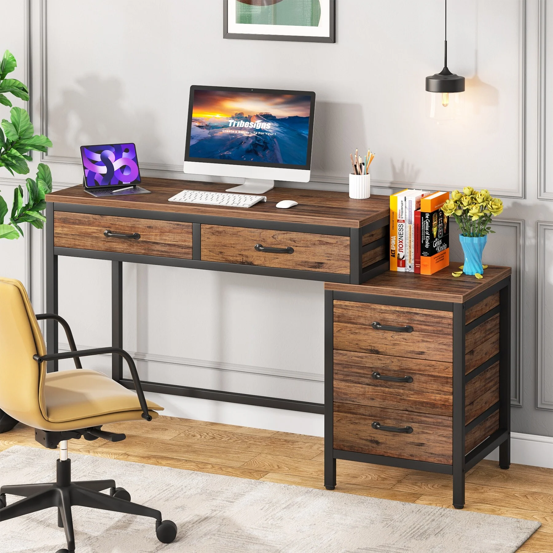 Reversible Computer Desk with 5 Drawers, Home Office Desk with File Cabinet Drawer Printer Stand Rustic Brownn