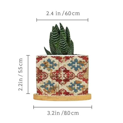 Chinoiserie Blue And White Porcelain Vase Planter Ceramic Round Plant Pots with Drainage Holes And Bamboo Tray Planting Small Flower Pots for Home Windowsill Desk Garden Indoor Outdoor Use