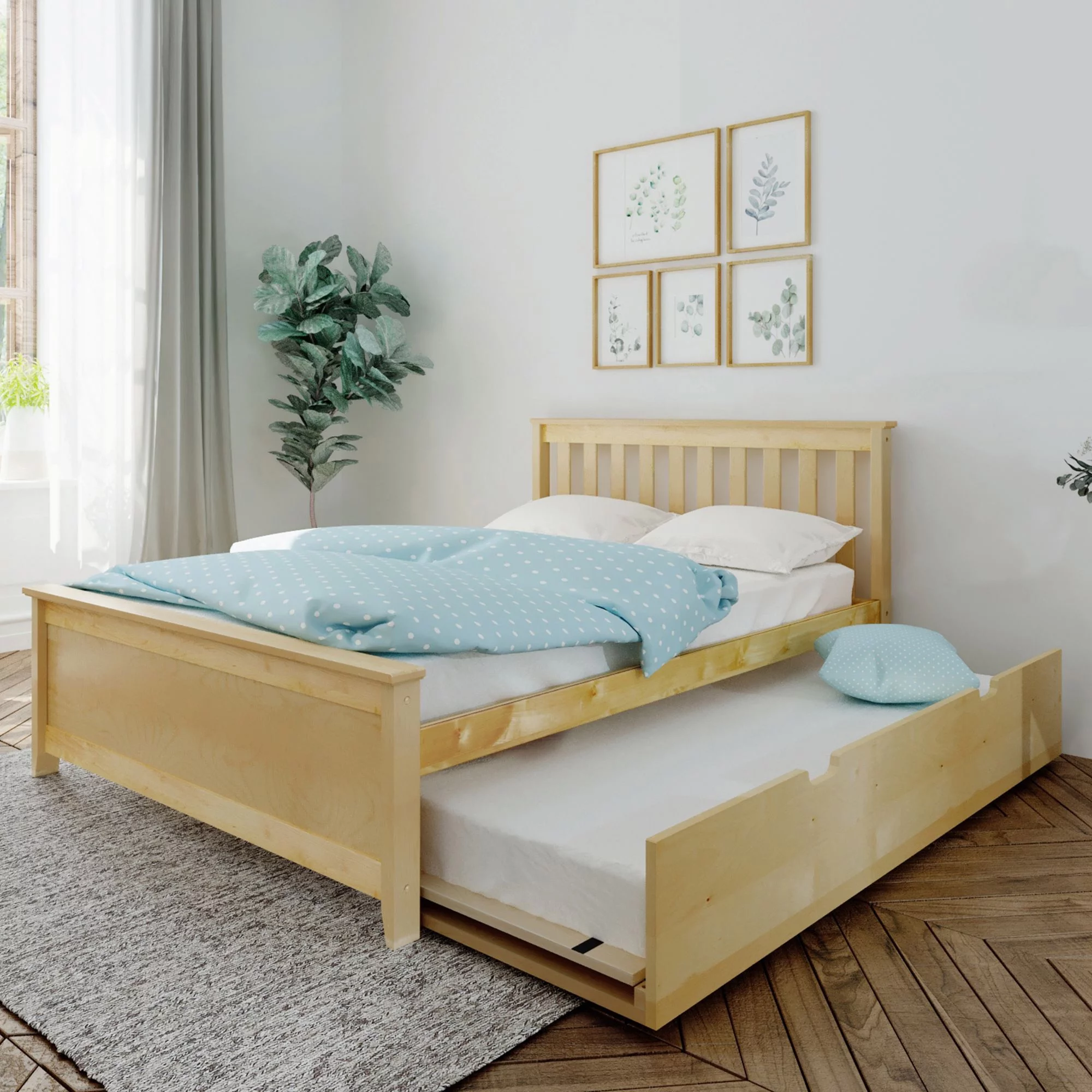Max & Lily Full Size Bed Frame with Trundle, Solid Wood Platform Bed with Storage, Natural