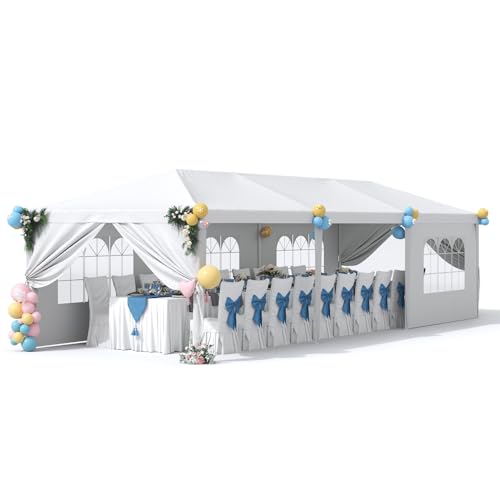 Greesum 10x30 Outdoor Canopy Tent, Patio Gazebo, for Party Wedding BBQ Events with 8 Side Removable Walls, Waterproof Canopies, White