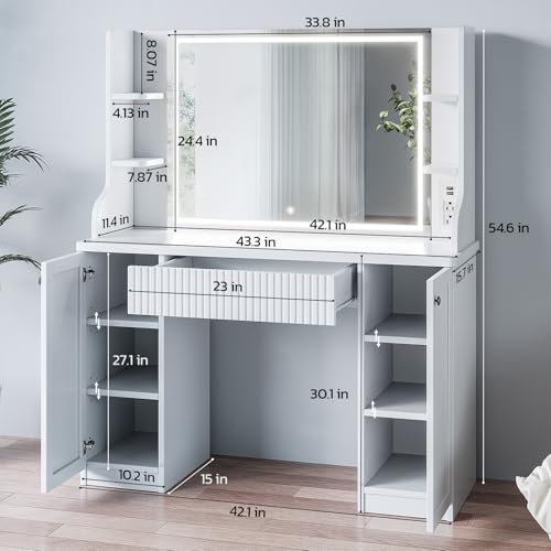 Fluted Makeup Vanity Desk with Mirror and Lights, Makeup Vanity Table with Power Outlet, Dressing Table with Storage, Adjustable Shelves, Touch Control, Modern White Vanity Desk with Lights