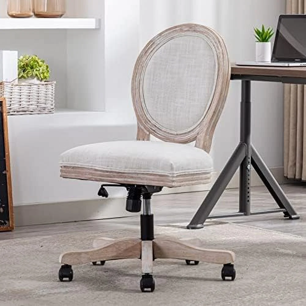 Rattan Back Linen Office Chair  Adjustable Height Swivel Task Chair with Wood Frame Armless Desk Chair with Wheels Upholstered Round Back Vanity Chair for  Office Study Room  Beige