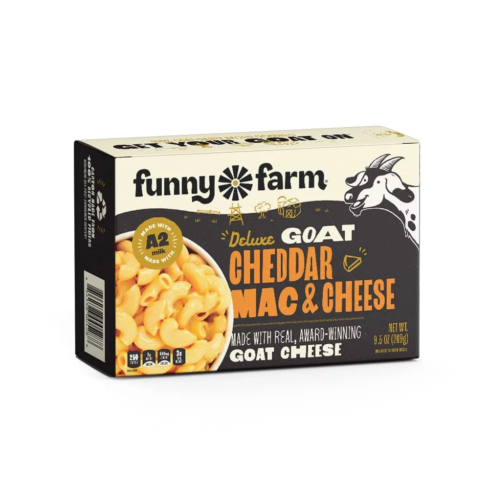 Funny Farm A2 Milk Macaroni and Cheese (Case of 8) | Cheddar Cheese Flavor Deluxe Mac and Cheese - Goat Cheese Mac & Cheese Dinner | A2 Goat Milk Cheese Pasta Sauce Packet - no dry cheese mixing!
