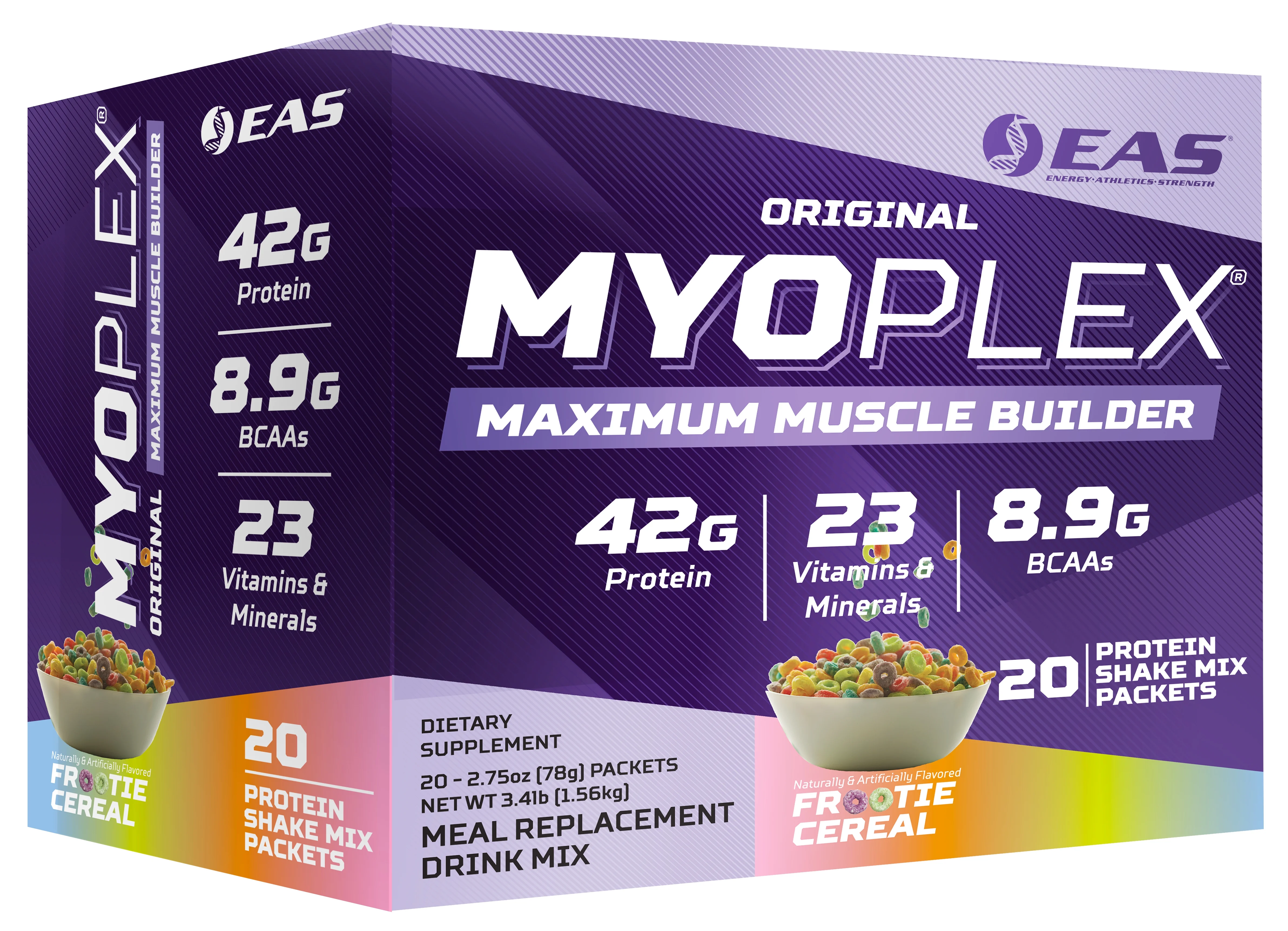 EAS Original Myoplex Maximum Muscle Builder | Meal Replacement Protein Drink Mix | Quality Protein Blend | 42g Protein | 20 Individual Packets (Frootie Cereal)