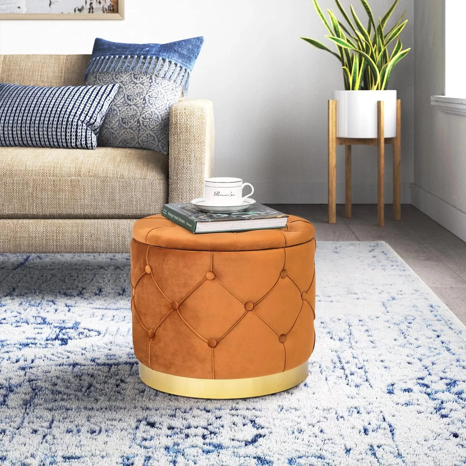 Round Storage Ottoman, Velvet Button Tufted Upholstered Bench With Removable Top, Coffee Table Footrest Stool With Golden Metal Band For Living Room Bedroom Entryway (Orange)