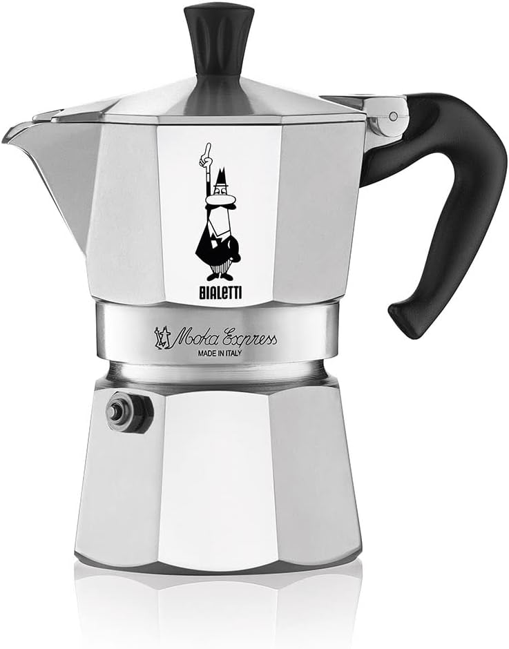 Moka Express: Iconic Stovetop Espresso Maker, Makes Real Italian Coffee, Moka Pot 3 Cups (4.4 Oz - 130 Ml) , Aluminium, Silver & Stainless Steel Plate, Heat Diffuser Cooking Induction Adapter, Steel